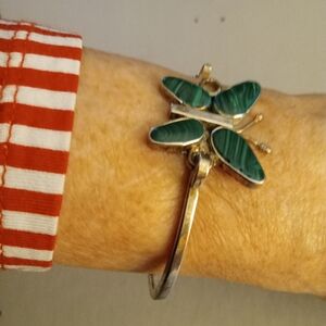 Malachite Butterfly Bracelet Alpaca 2.5" across, 2.25" wide. Butterfly is 1" sq.